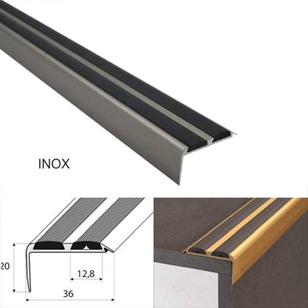 36mm x 20mm Aluminium Non Slip Stair Nosing Edge Trim With Rubber Inserts