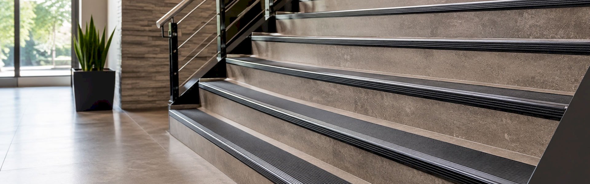 Durable anti-slip stair nosing improving stair safety in a high-traffic commercial building