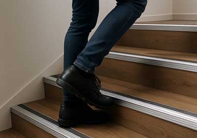 Close-up of durable stair nosing installed for safety and style